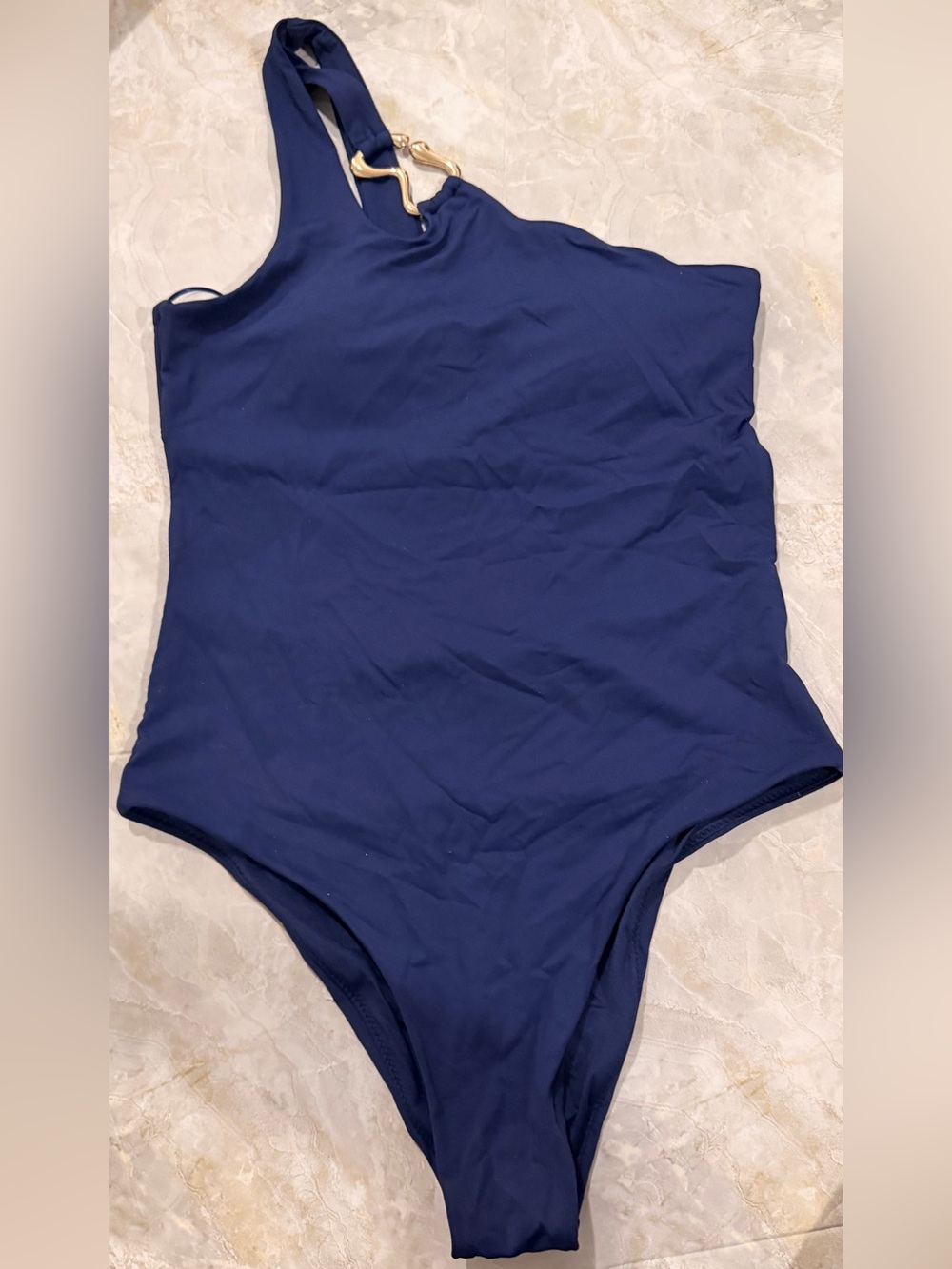 Zara Navy One-Shoulder One-Piece with Gold Accent